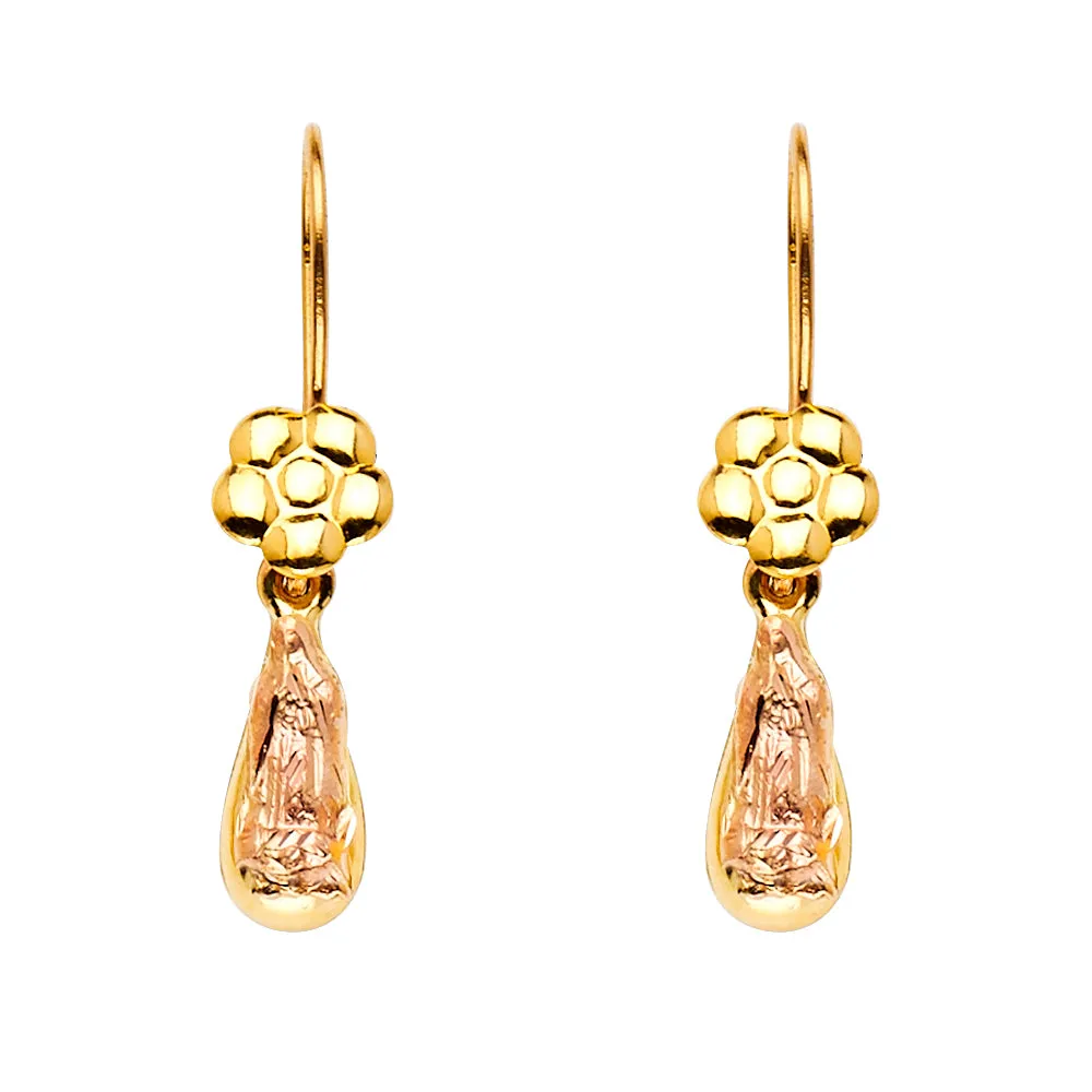 14K Hollow Our Lady of Guadalupe Teardrop Hanging Earrings