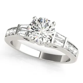 14K White Gold Round Brilliant Diamond Baguette Basket Engagement Ring With Channel Set Accents