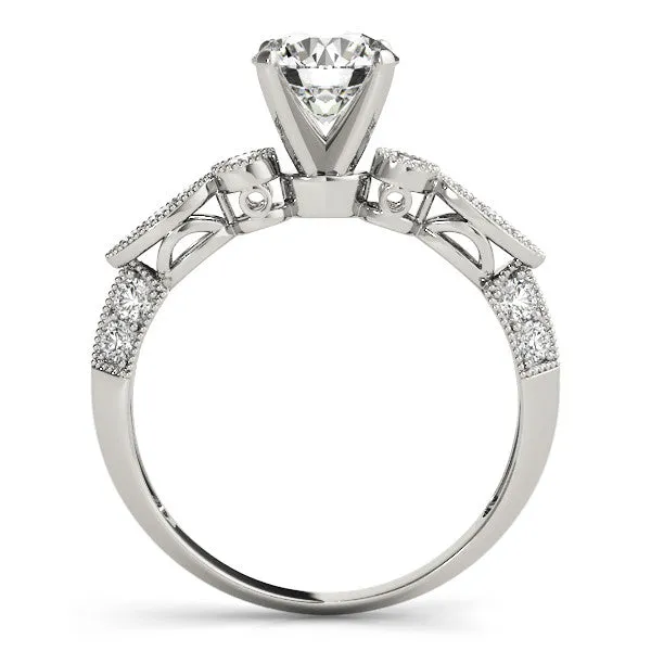 14K White Gold Round Brilliant Diamond Beaded Antique Inspired Engagement Ring With Pave Accents