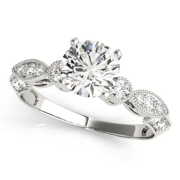 14K White Gold Round Brilliant Diamond Beaded Antique Inspired Engagement Ring With Pave Accents