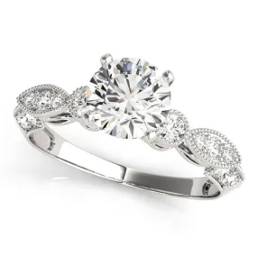 14K White Gold Round Brilliant Diamond Beaded Antique Inspired Engagement Ring With Pave Accents