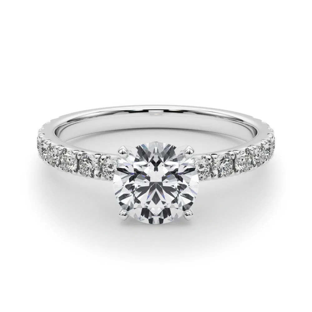 14K White Gold Round Brilliant Diamond Engagement Ring With French Pave Accent Diamonds