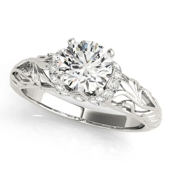14K White Gold Round Brilliant Diamond Floral Inspired Engagement Ring With Pave Diamond Accents