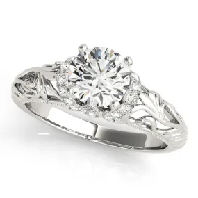 14K White Gold Round Brilliant Diamond Floral Inspired Engagement Ring With Pave Diamond Accents