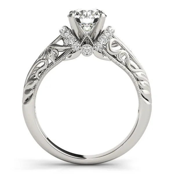 14K White Gold Round Brilliant Diamond Floral Inspired Engagement Ring With Pave Diamond Accents