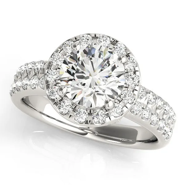 14K White Gold Round Brilliant Diamond Leaf Basket Round Halo Engagement Ring With Pave Accents