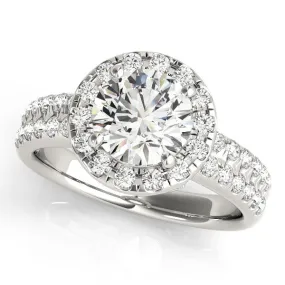 14K White Gold Round Brilliant Diamond Leaf Basket Round Halo Engagement Ring With Pave Accents