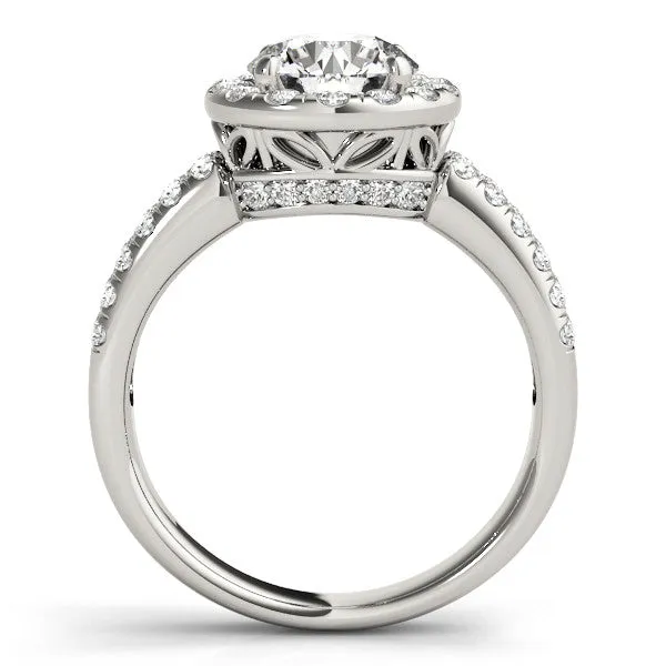 14K White Gold Round Brilliant Diamond Leaf Basket Round Halo Engagement Ring With Pave Accents