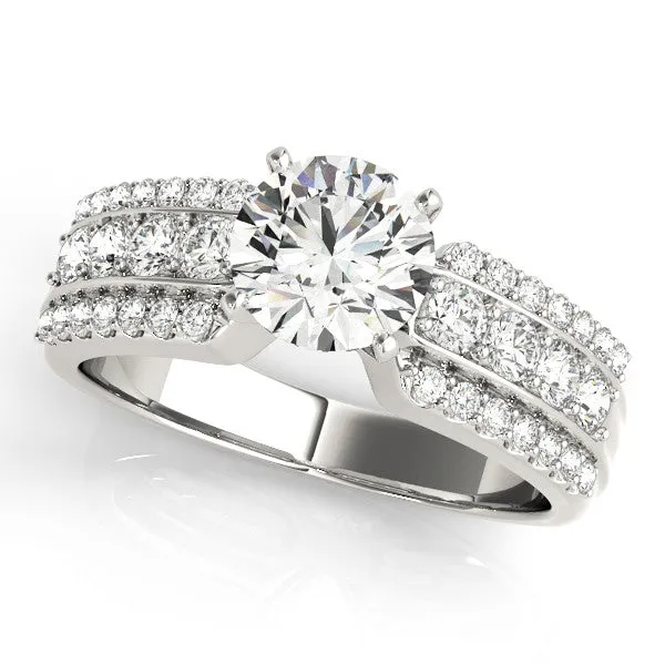 14K White Gold Round Brilliant Diamond Triple Row Engagement Ring With Multi-Sized Pave Accents