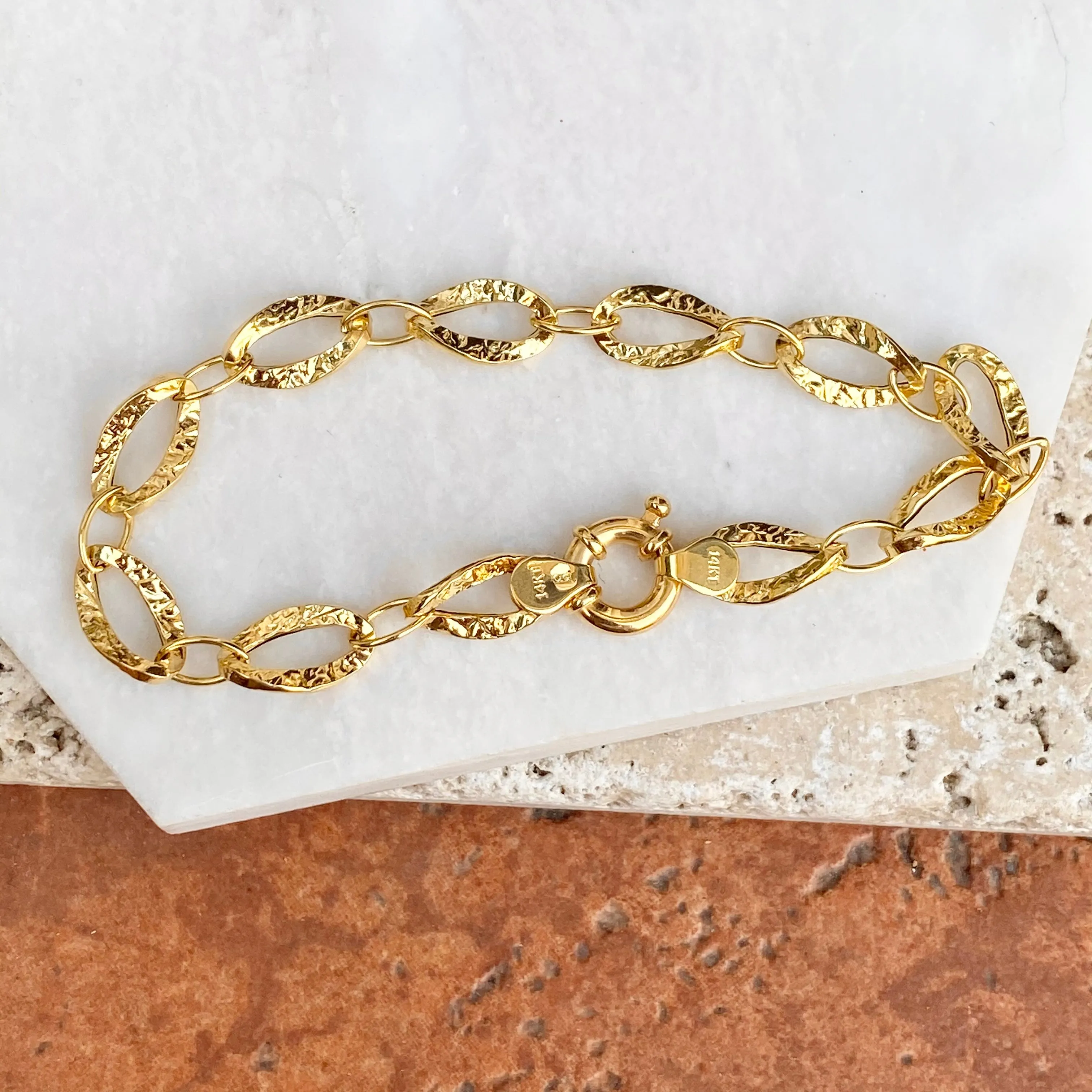 14KT Yellow Gold Hammered Oval Link Toggle Bracelet