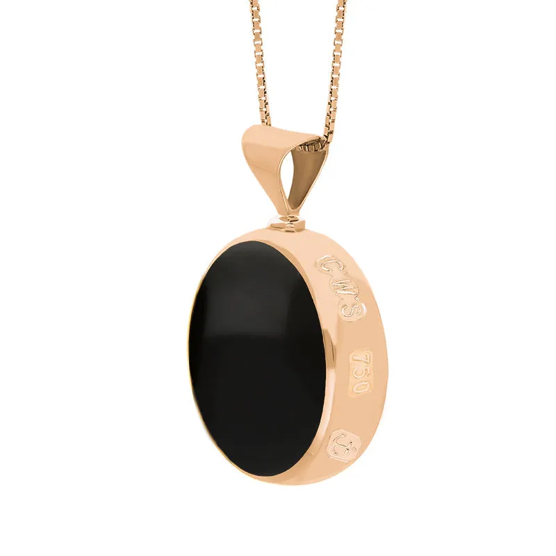 18ct Rose Gold Whitby Jet Mother of Pearl King's Coronation Hallmark Double Sided Round Necklace