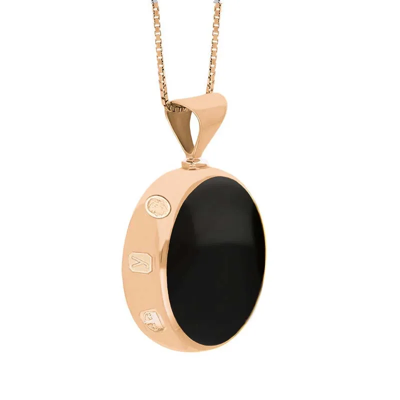 18ct Rose Gold Whitby Jet Mother of Pearl King's Coronation Hallmark Double Sided Round Necklace