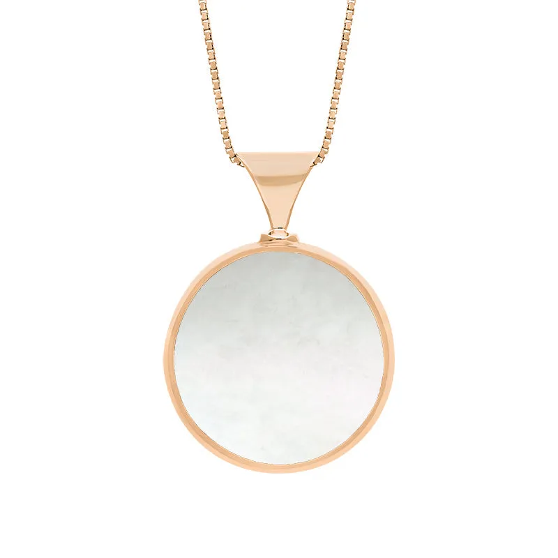 18ct Rose Gold Whitby Jet Mother of Pearl King's Coronation Hallmark Double Sided Round Necklace