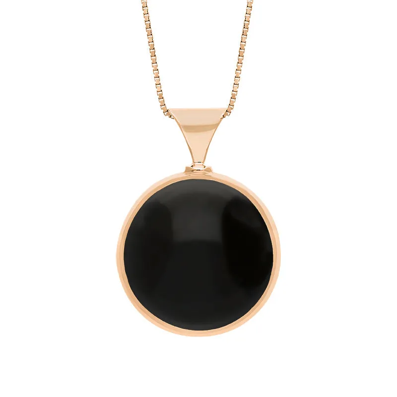 18ct Rose Gold Whitby Jet Mother of Pearl King's Coronation Hallmark Double Sided Round Necklace