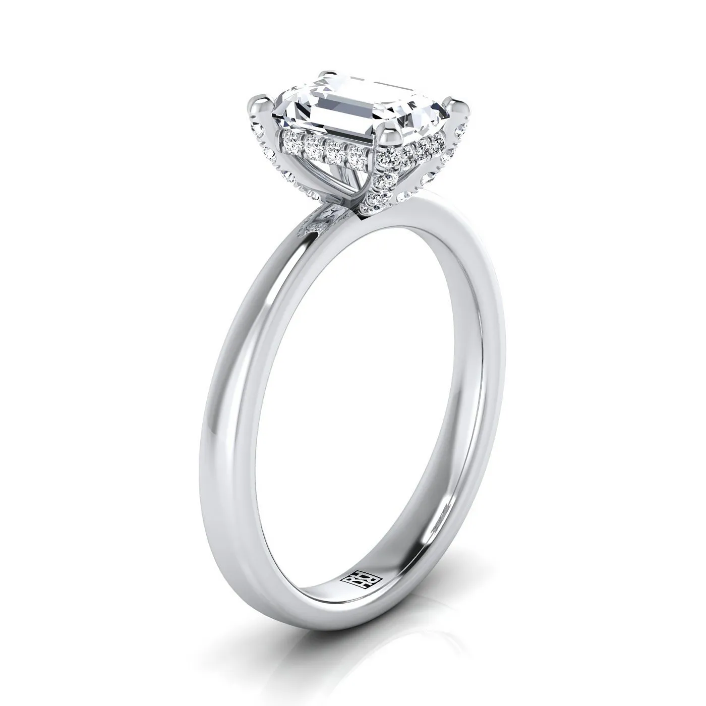 18K White Gold Emerald Cut Diamond Adorned Claws and Secret Halo Solitaire Engagement Ring -1/10ctw