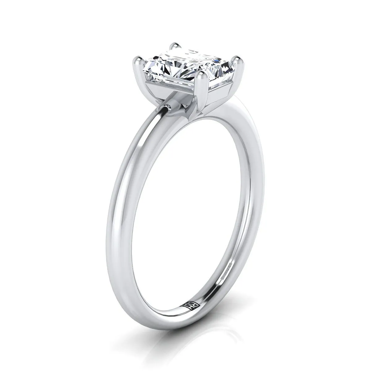 18K White Gold Radiant Cut Center Rounded Comfort Fit Solitaire Engagement Ring