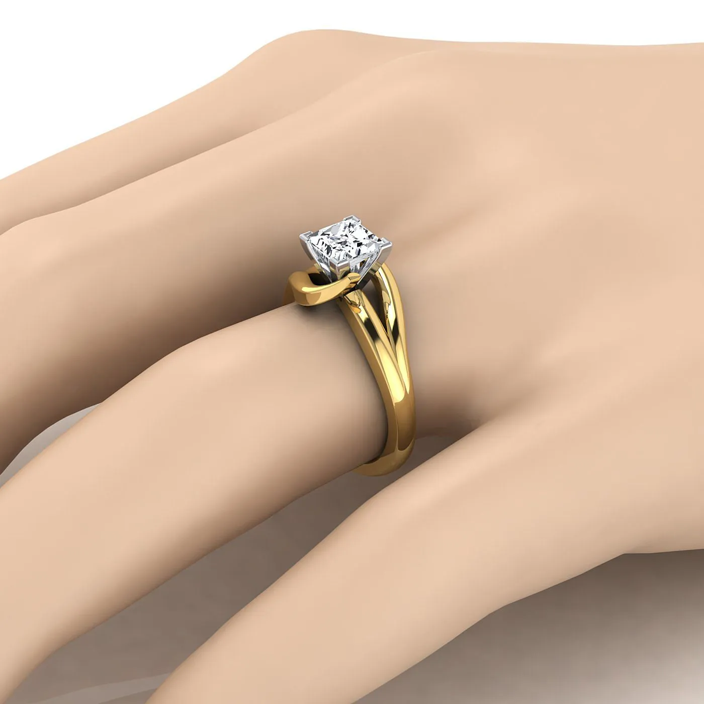 18K Yellow Gold Princess Cut  Asymetical Bypass Solitaire Twist Engagement Ring