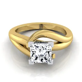 18K Yellow Gold Princess Cut  Asymetical Bypass Solitaire Twist Engagement Ring