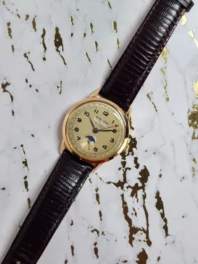1940's Vintage Cortebert Sport Triple Date Italian Day Moonphase 18k Gold Watch