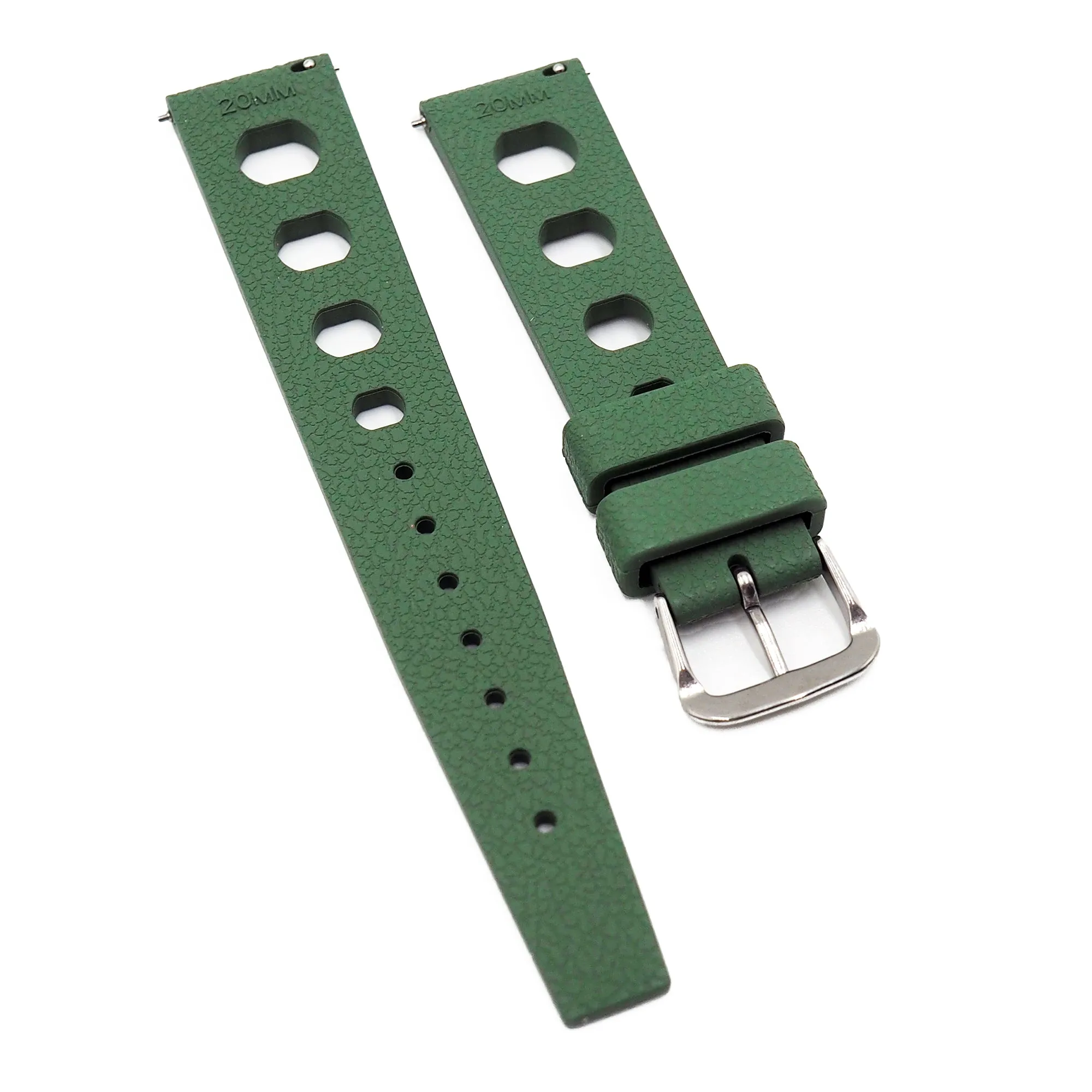 20mm Rally Style Retro Large Holes Olive Green FKM Rubber Watch Strap, Quick Release Spring Bars