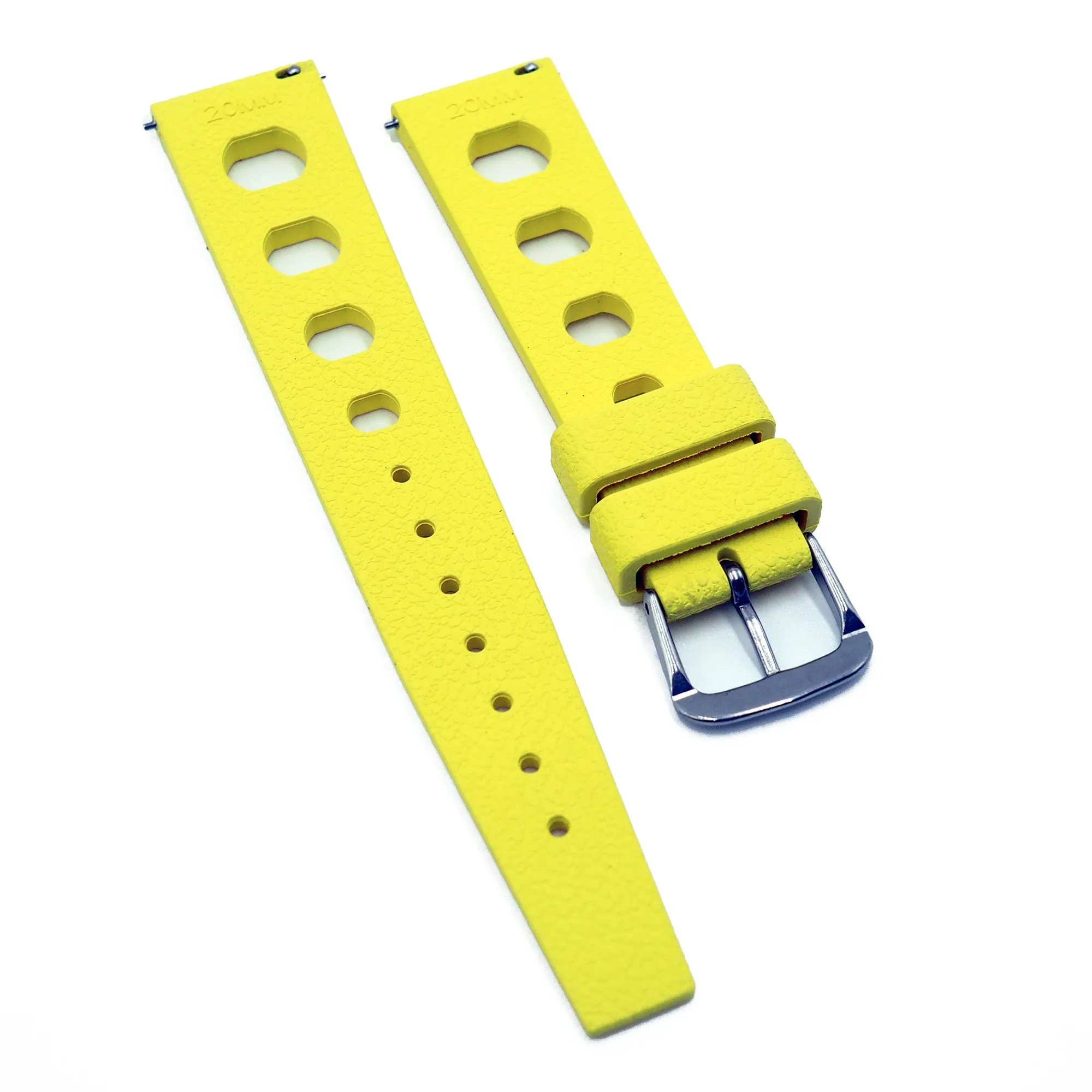 20mm Rally Style Retro Large Holes Yellow FKM Rubber Watch Strap, Quick Release Spring Bars