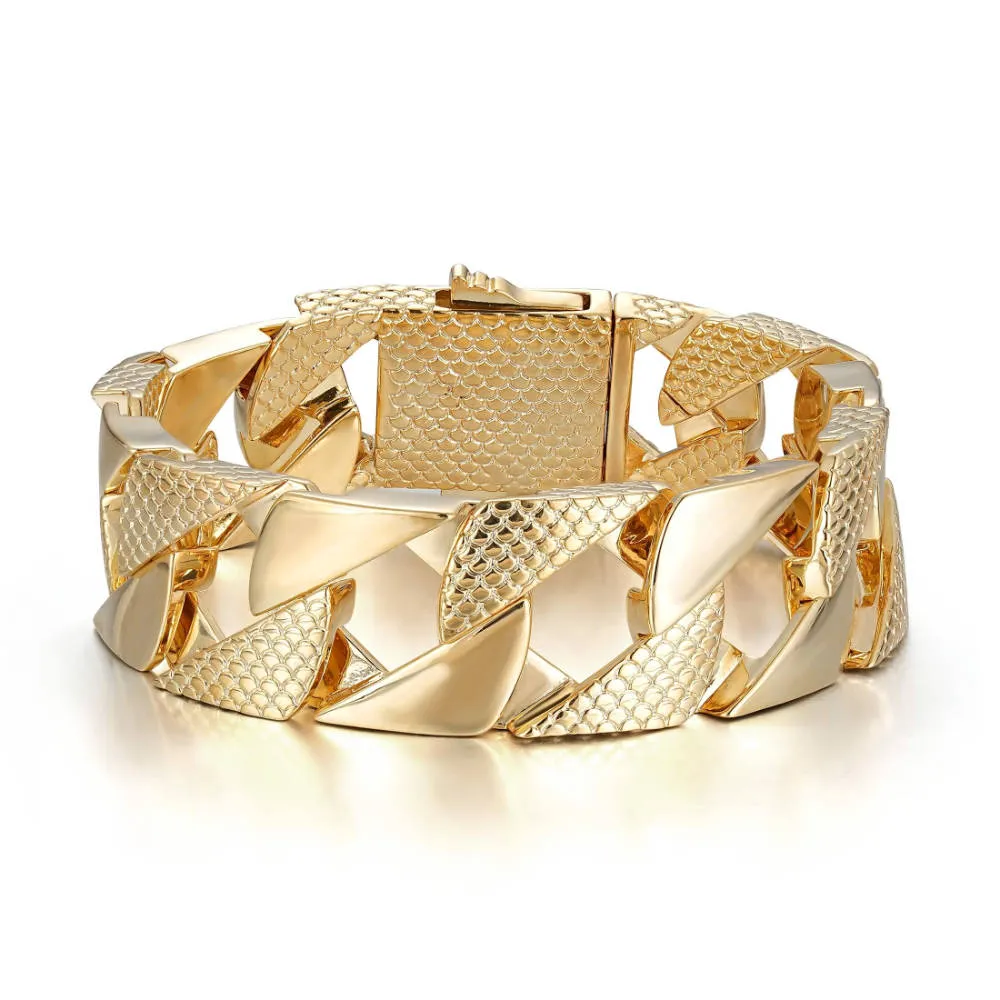 22mm Gold Snake Patterned Chaps Cuban Bracelet 8 Inch