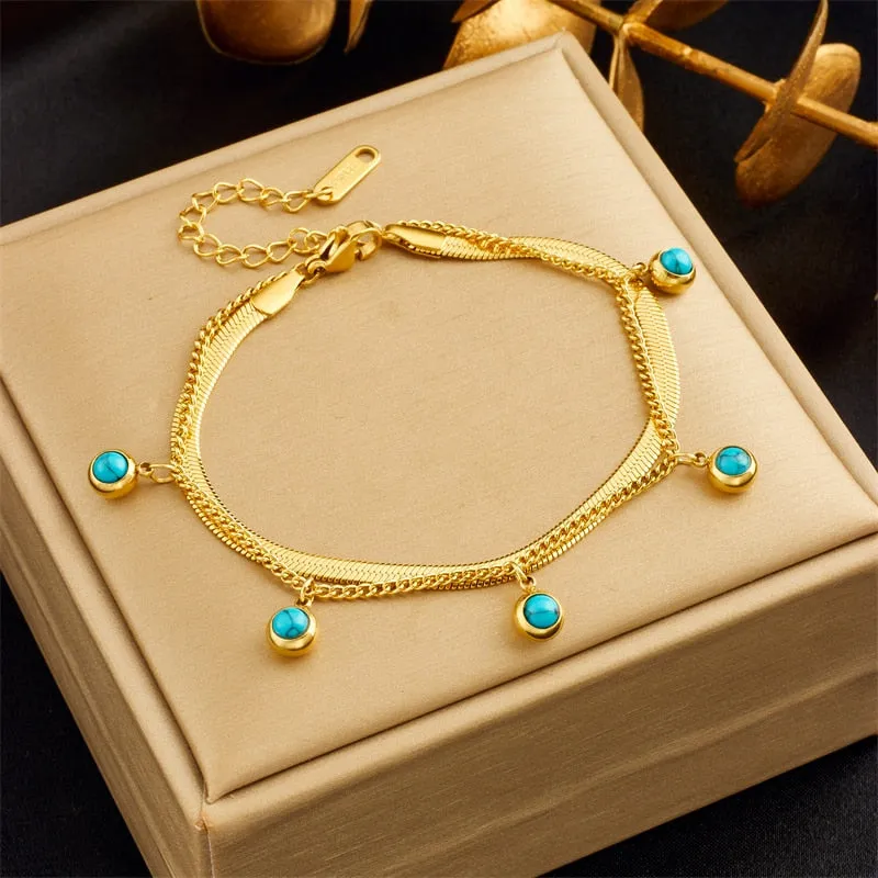 316L Stainless Steel Gold Silver Color 2-Layer Green Stone Charm Bracelet For Women