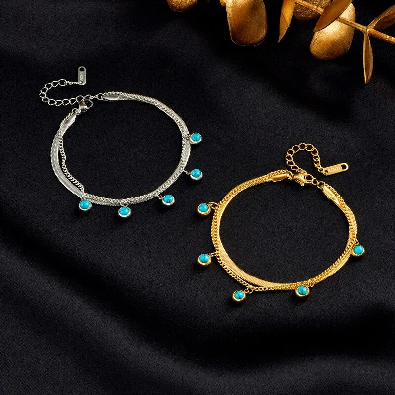 316L Stainless Steel Gold Silver Color 2-Layer Green Stone Charm Bracelet For Women