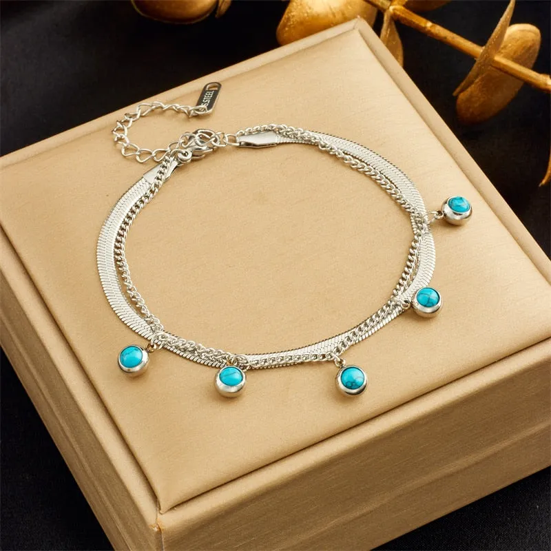 316L Stainless Steel Gold Silver Color 2-Layer Green Stone Charm Bracelet For Women
