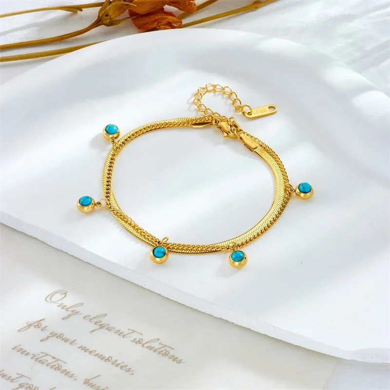 316L Stainless Steel Gold Silver Color 2-Layer Green Stone Charm Bracelet For Women