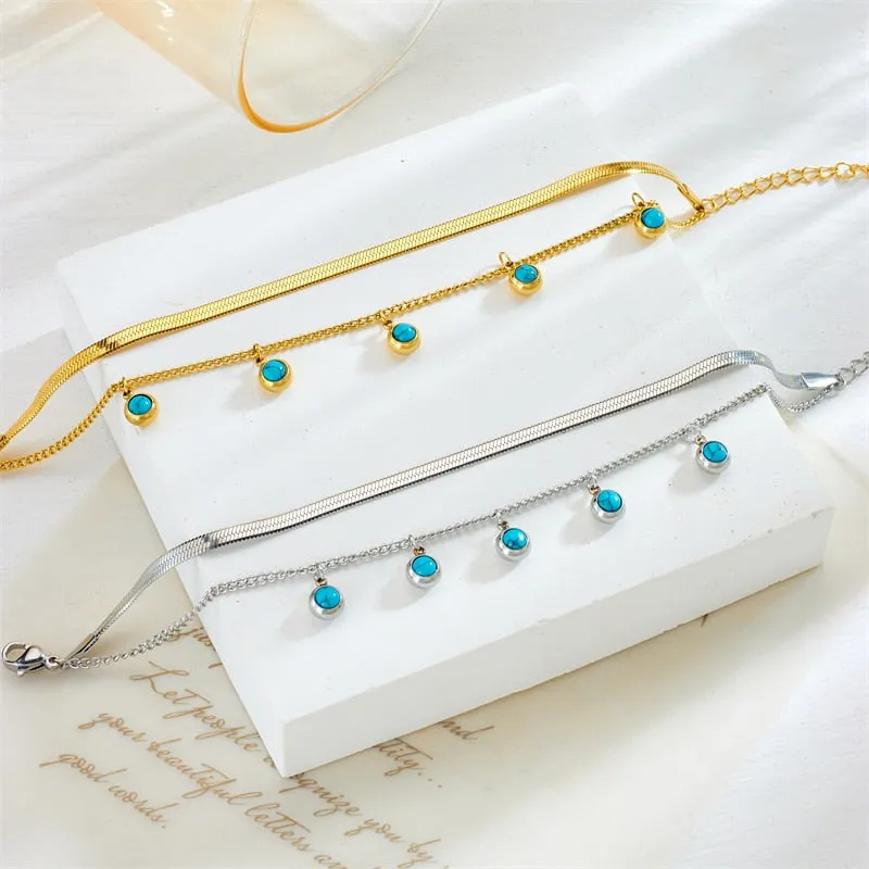 316L Stainless Steel Gold Silver Color 2-Layer Green Stone Charm Bracelet For Women