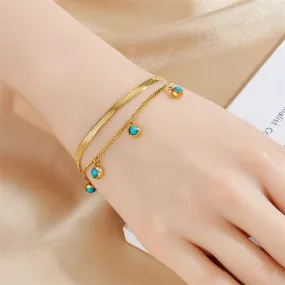 316L Stainless Steel Gold Silver Color 2-Layer Green Stone Charm Bracelet For Women