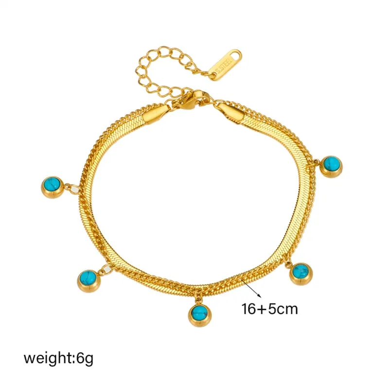 316L Stainless Steel Gold Silver Color 2-Layer Green Stone Charm Bracelet For Women