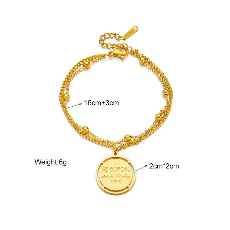 316L Stainless Steel New Gold Color Women Bracelet Round Pendant Letter Chain Bracelets