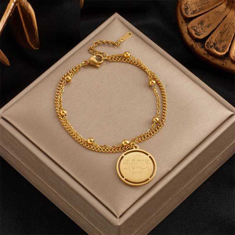 316L Stainless Steel New Gold Color Women Bracelet Round Pendant Letter Chain Bracelets