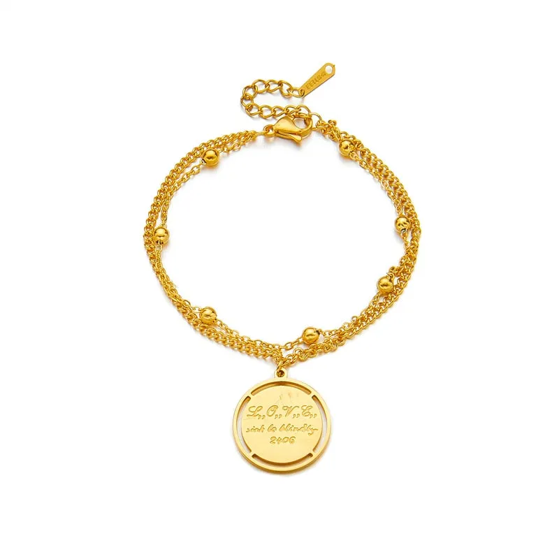 316L Stainless Steel New Gold Color Women Bracelet Round Pendant Letter Chain Bracelets