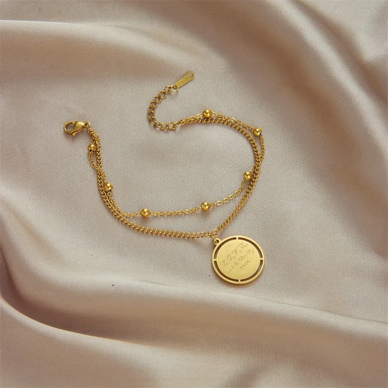 316L Stainless Steel New Gold Color Women Bracelet Round Pendant Letter Chain Bracelets