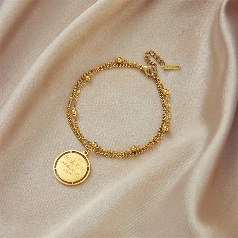 316L Stainless Steel New Gold Color Women Bracelet Round Pendant Letter Chain Bracelets