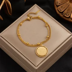 316L Stainless Steel New Gold Color Women Bracelet Round Pendant Letter Chain Bracelets
