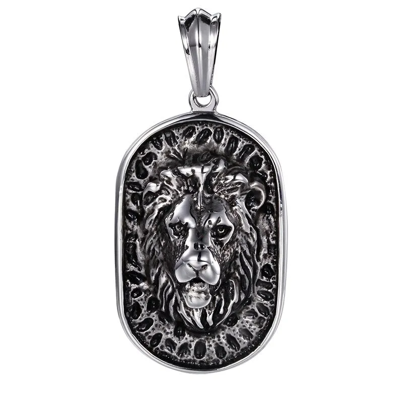 71CM Long Black Beads Necklace Men Punk Rocker Lion Head Choker Necklaces Pendants