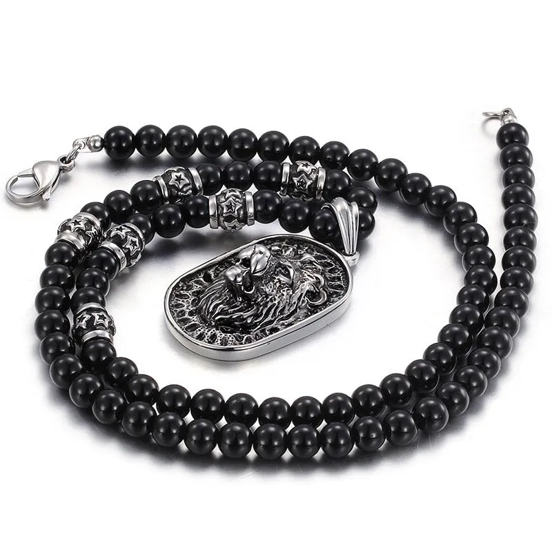 71CM Long Black Beads Necklace Men Punk Rocker Lion Head Choker Necklaces Pendants