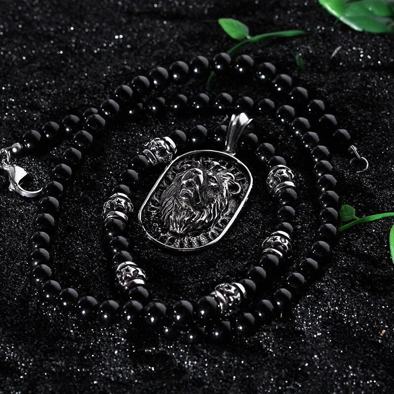 71CM Long Black Beads Necklace Men Punk Rocker Lion Head Choker Necklaces Pendants