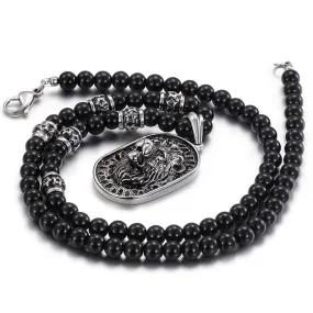 71CM Long Black Beads Necklace Men Punk Rocker Lion Head Choker Necklaces Pendants
