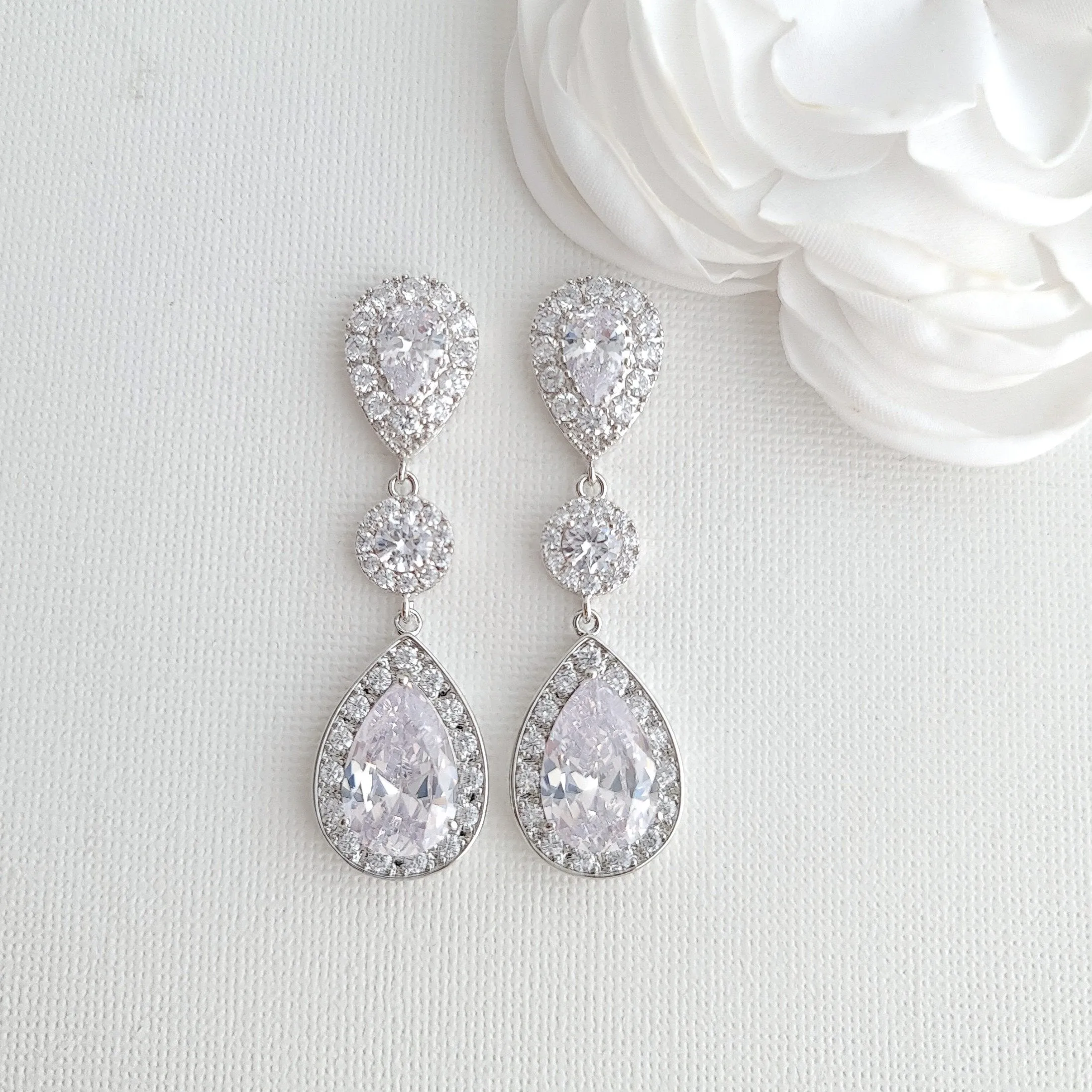 Big Wedding Earrings with Large CZ Teardrops-Penelope