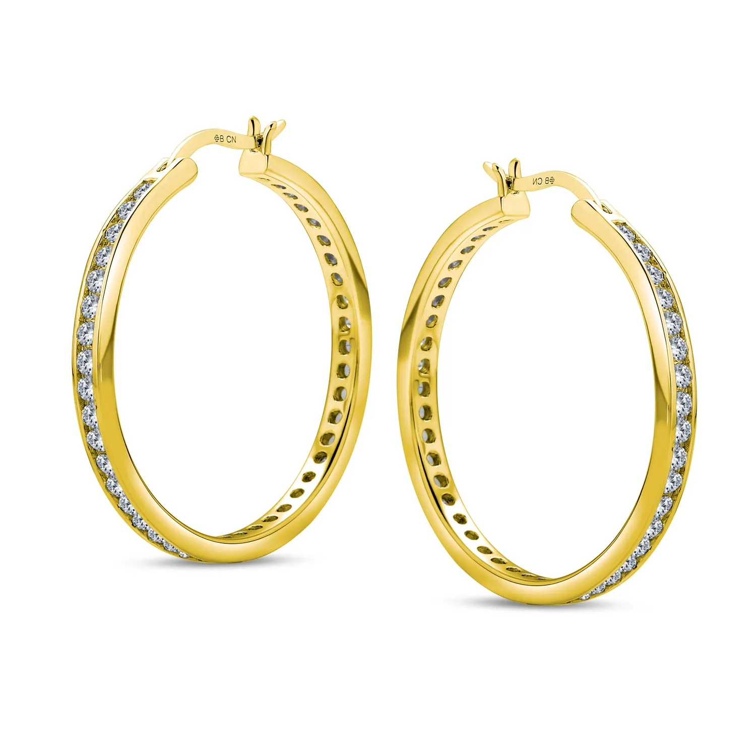 Black Cubic Zirconia Pave CZ Hoop Earrings Sterling Silver 1.5 Inch Diameter