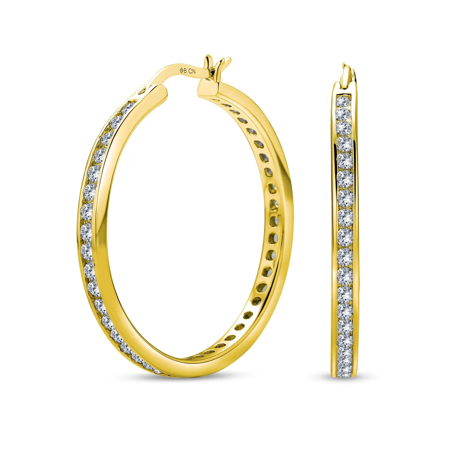 Black Cubic Zirconia Pave CZ Hoop Earrings Sterling Silver 1.5 Inch Diameter