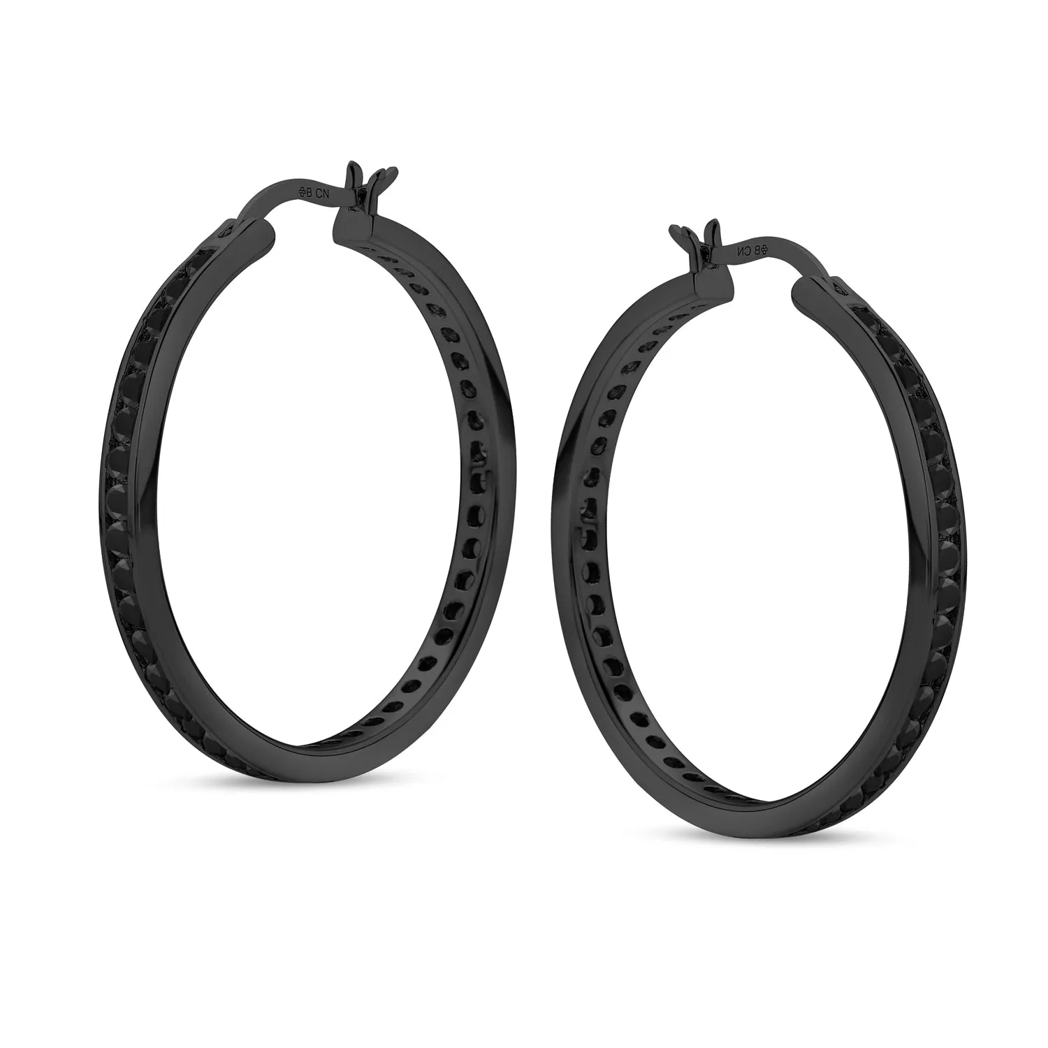 Black Cubic Zirconia Pave CZ Hoop Earrings Sterling Silver 1.5 Inch Diameter