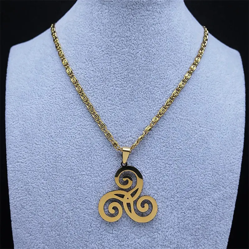 Celtics Triskele Triskelion Necklace Stainless Steel Gold Color Triple Spiral Pendant Necklaces