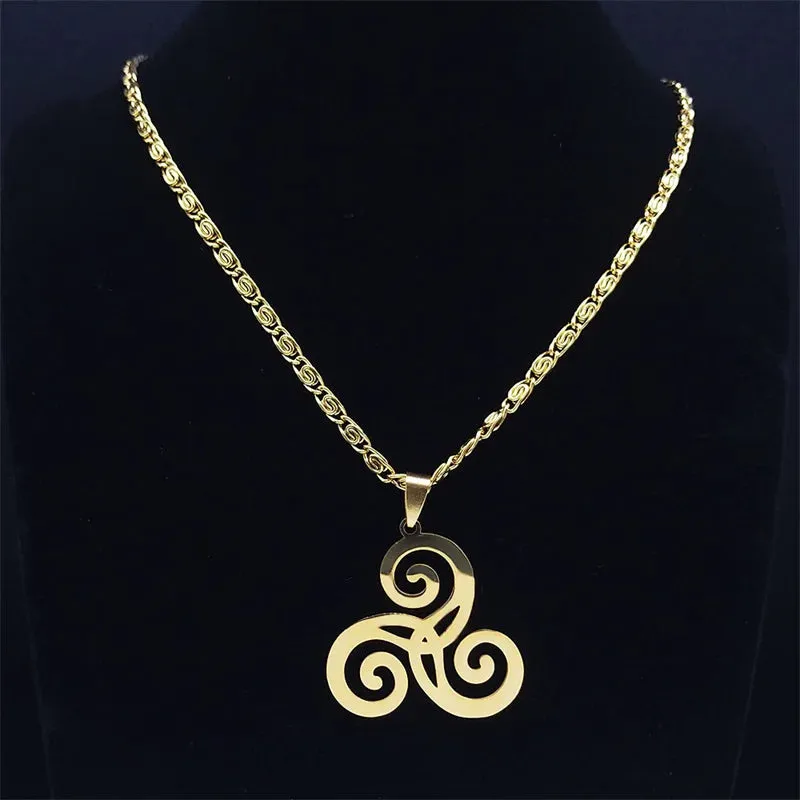 Celtics Triskele Triskelion Necklace Stainless Steel Gold Color Triple Spiral Pendant Necklaces