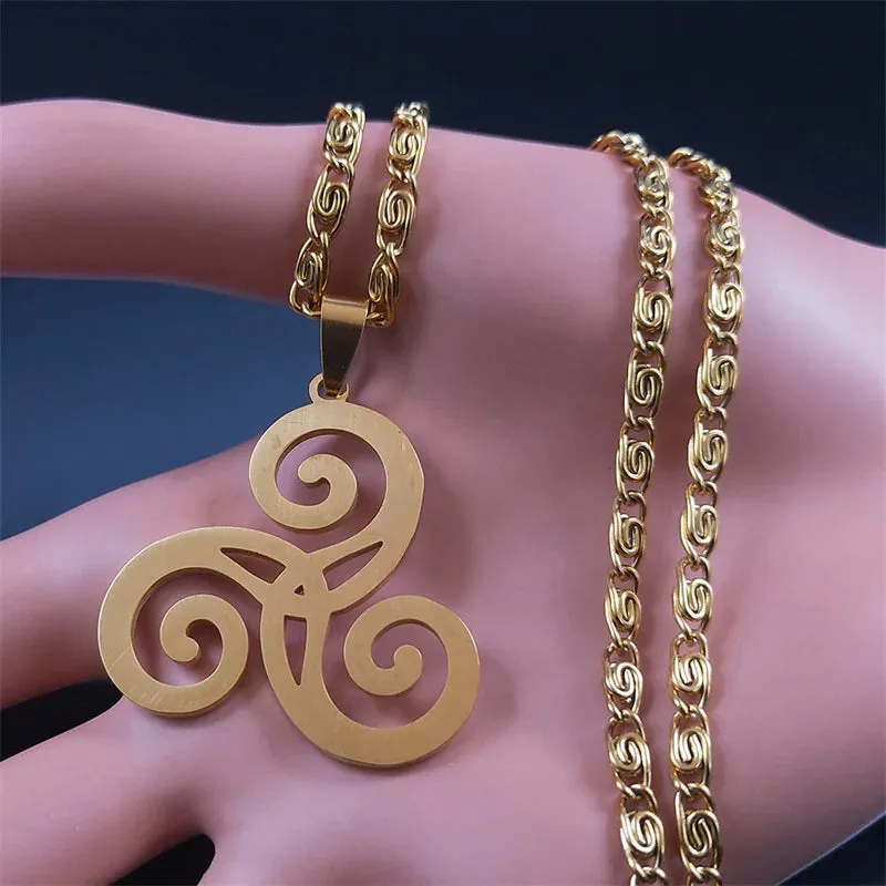 Celtics Triskele Triskelion Necklace Stainless Steel Gold Color Triple Spiral Pendant Necklaces